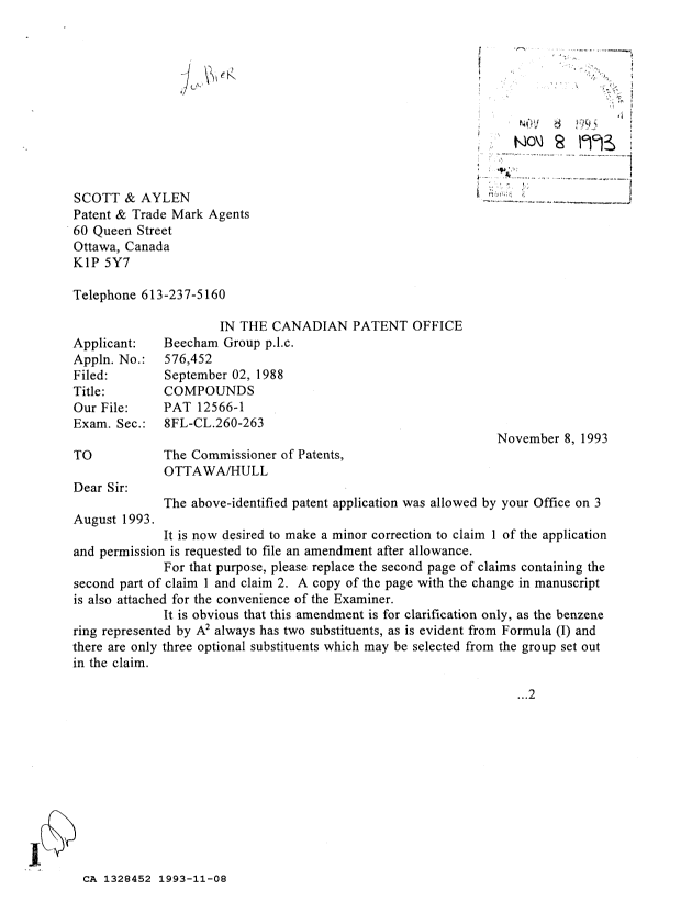 Canadian Patent Document 1328452. Prosecution-Amendment 19921208. Image 1 of 3