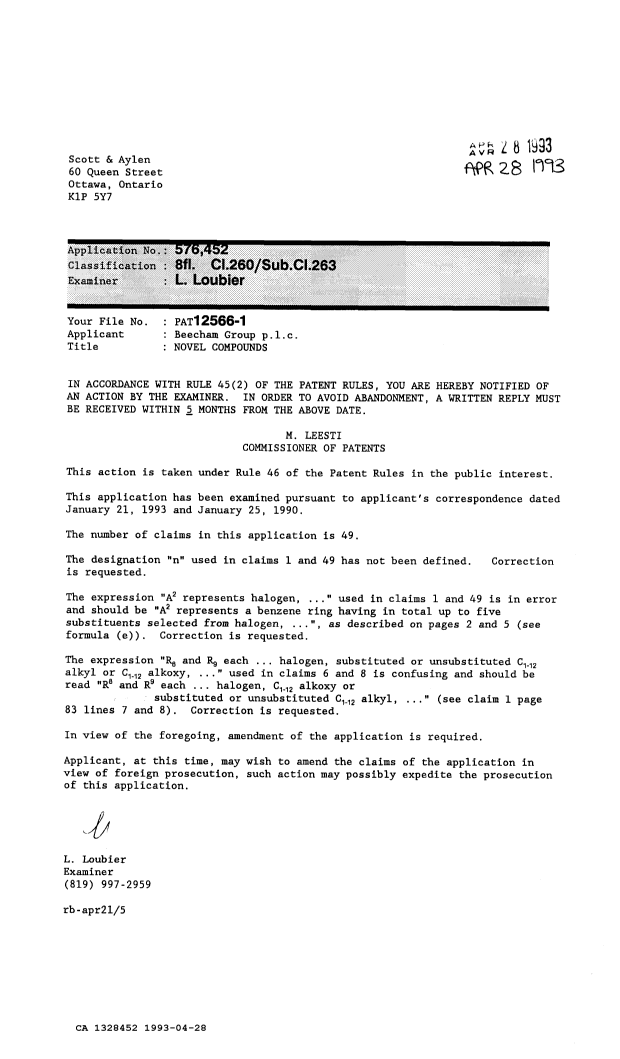 Canadian Patent Document 1328452. Prosecution-Amendment 19921228. Image 1 of 1