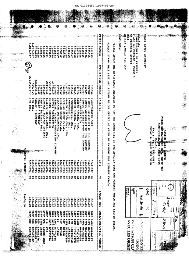 Canadian Patent Document 1328452. Fees 19961220. Image 1 of 1