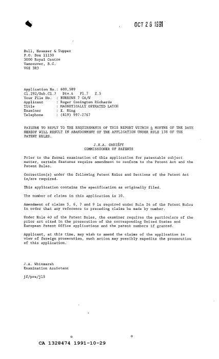 Canadian Patent Document 1328474. Reissue 19911029. Image 1 of 1