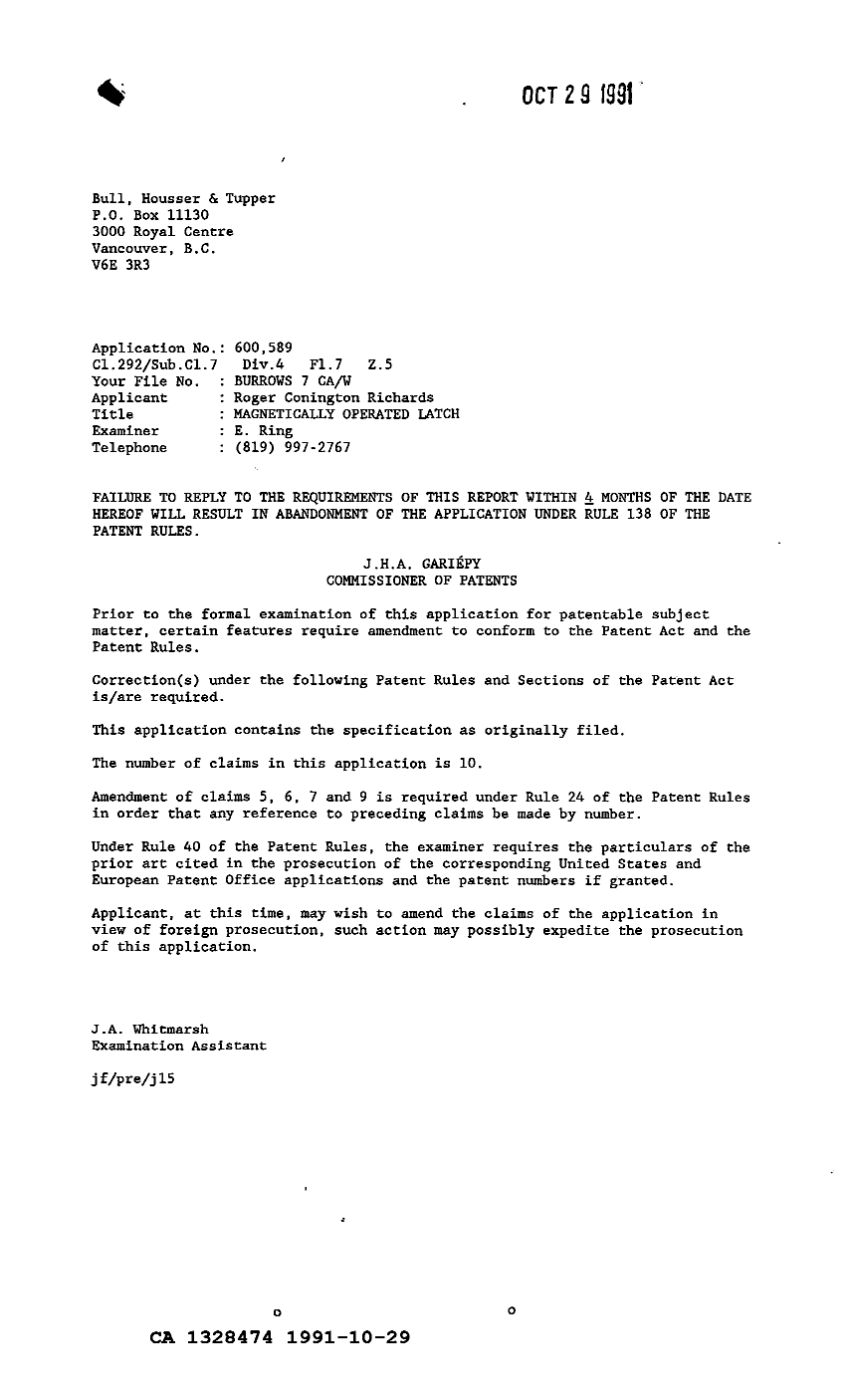 Canadian Patent Document 1328474. Reissue 19911029. Image 1 of 1