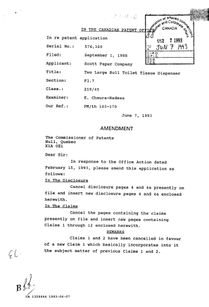 Canadian Patent Document 1328644. Prosecution Correspondence 19930607. Image 1 of 7