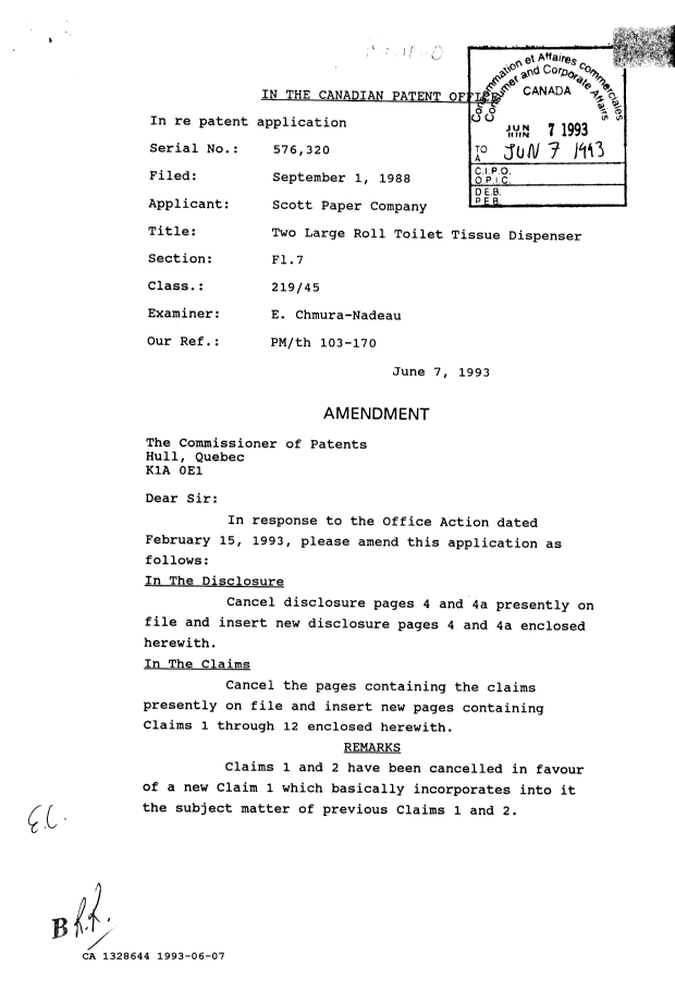 Canadian Patent Document 1328644. Prosecution Correspondence 19930607. Image 1 of 7