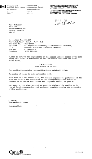 Canadian Patent Document 1328914. Examiner Requisition 19900927. Image 1 of 1