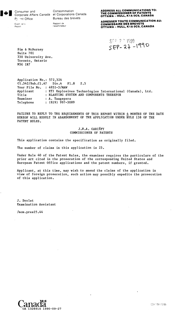 Document de brevet canadien 1328914. Demande d'examen 19900927. Image 1 de 1