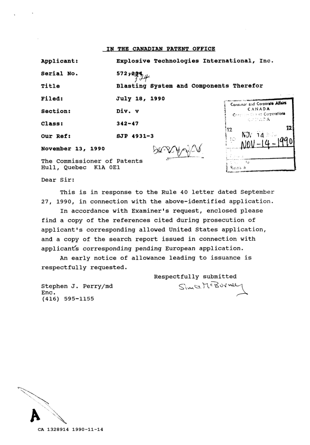 Canadian Patent Document 1328914. Prosecution Correspondence 19901114. Image 1 of 5
