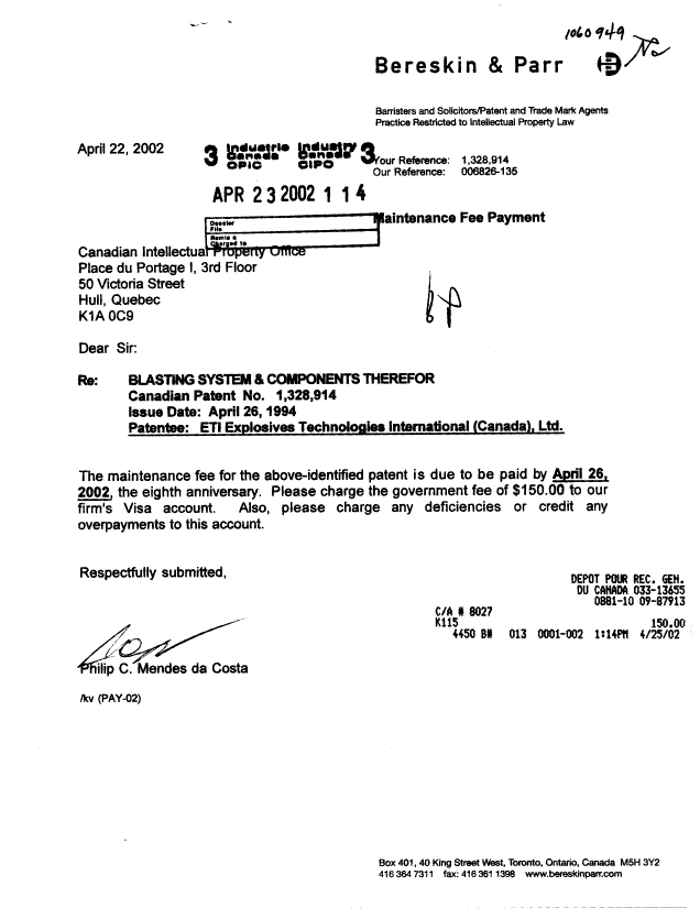 Canadian Patent Document 1328914. Fees 20020423. Image 1 of 1