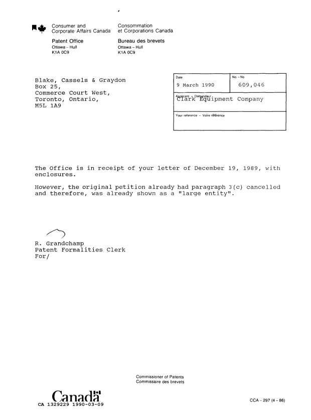 Canadian Patent Document 1329229. Office Letter 19900309. Image 1 of 1