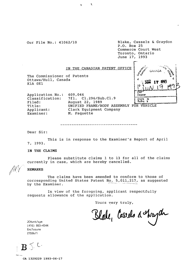 Canadian Patent Document 1329229. Prosecution Correspondence 19930617. Image 1 of 1