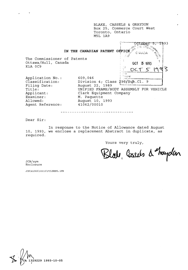 Canadian Patent Document 1329229. Prosecution Correspondence 19931005. Image 1 of 1