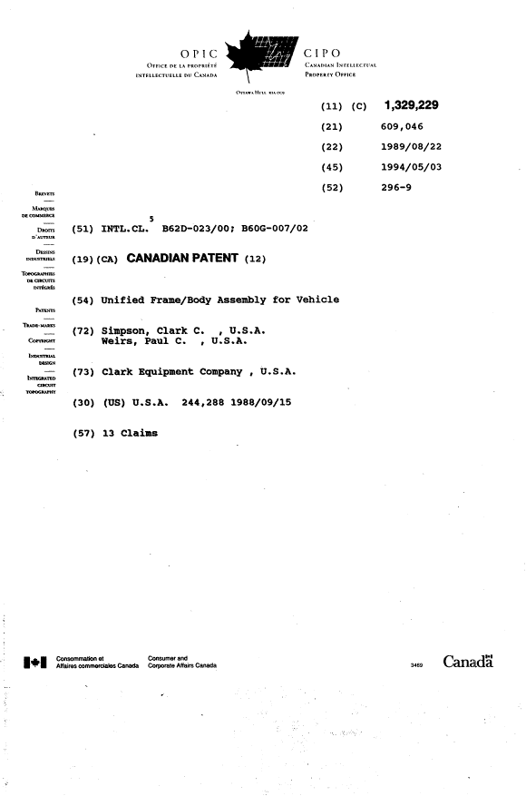 Canadian Patent Document 1329229. Cover Page 19940722. Image 1 of 1