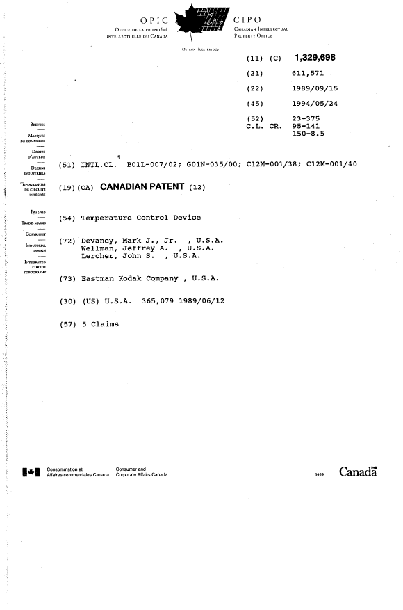 Canadian Patent Document 1329698. Cover Page 19931228. Image 1 of 1