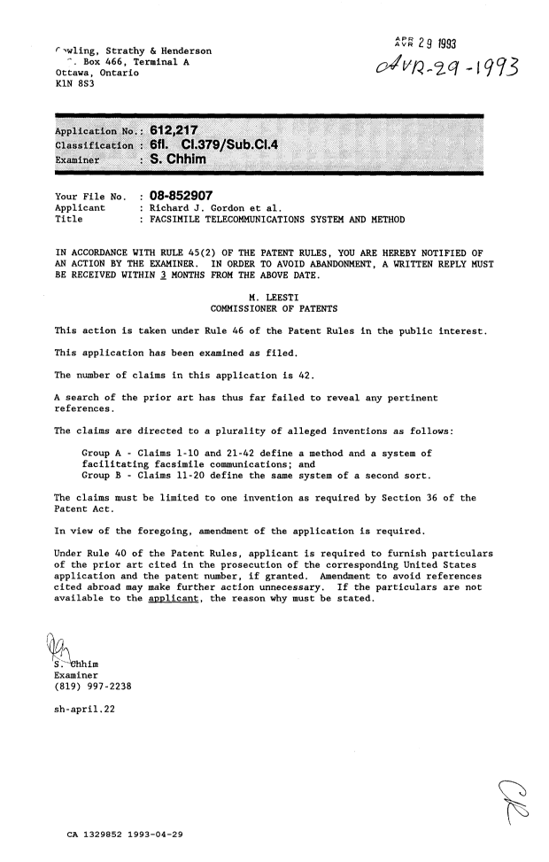 Canadian Patent Document 1329852. Examiner Requisition 19930429. Image 1 of 1