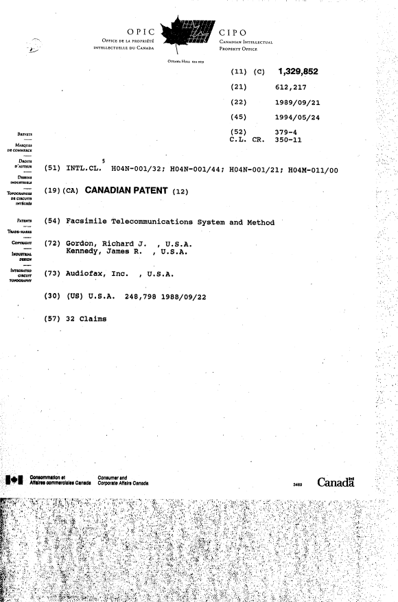 Document de brevet canadien 1329852. Page couverture 19940726. Image 1 de 1