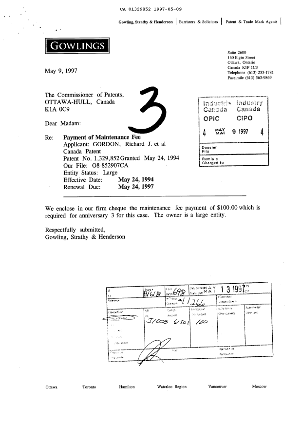 Document de brevet canadien 1329852. Taxes 19970509. Image 1 de 1