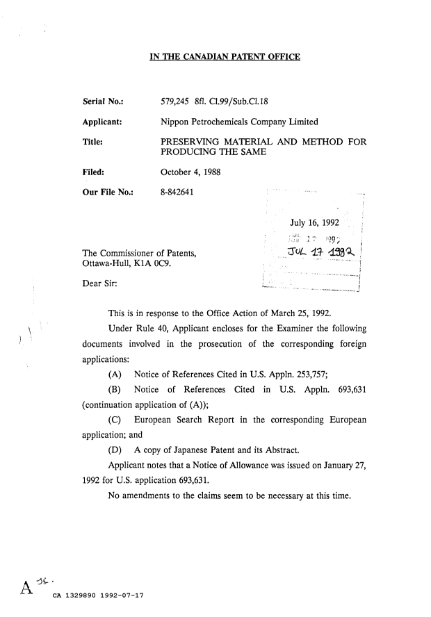 Canadian Patent Document 1329890. Prosecution Correspondence 19920717. Image 1 of 6