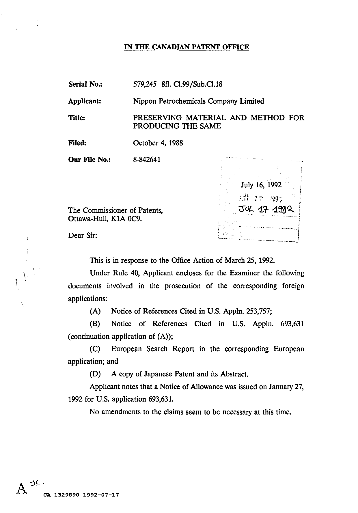 Canadian Patent Document 1329890. Prosecution Correspondence 19920717. Image 1 of 6