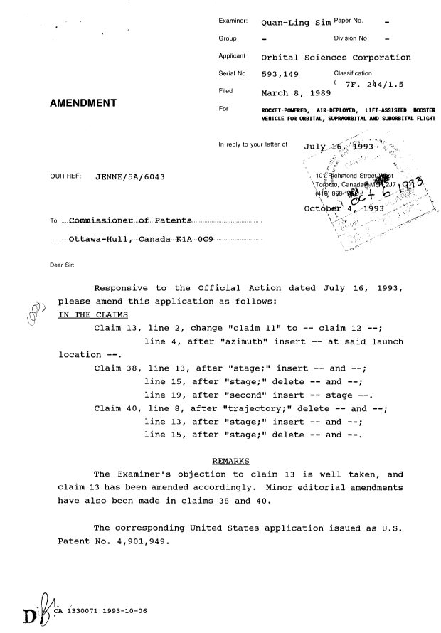 Canadian Patent Document 1330071. Prosecution Correspondence 19931006. Image 1 of 2