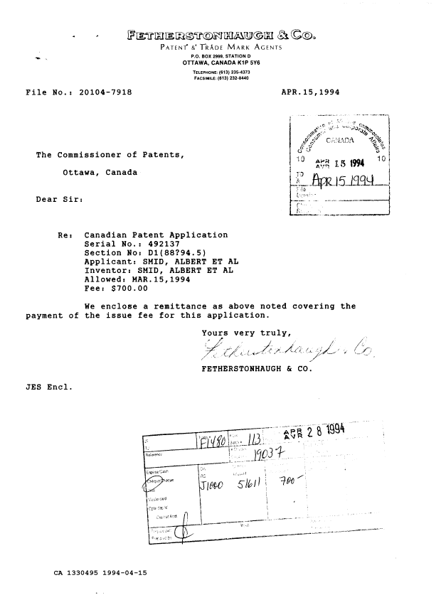 Document de brevet canadien 1330495. Correspondance reliée au PCT 19940415. Image 1 de 1