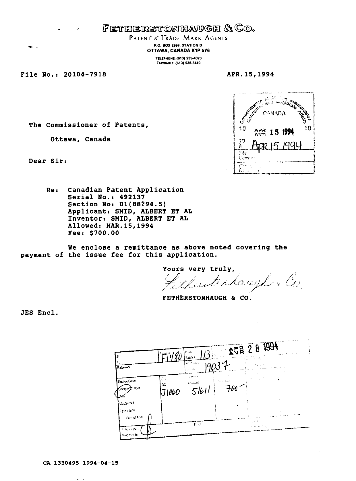 Canadian Patent Document 1330495. PCT Correspondence 19940415. Image 1 of 1