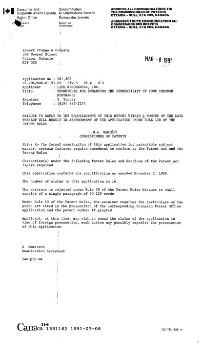 Document de brevet canadien 1331162. Demande d'examen 19910308. Image 1 de 1