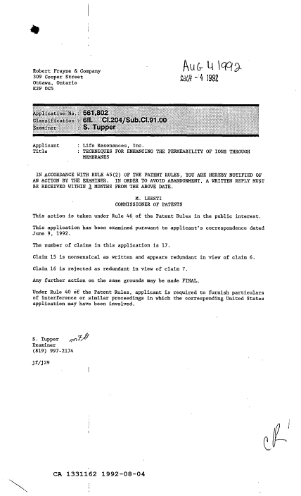 Document de brevet canadien 1331162. Demande d'examen 19920804. Image 1 de 1