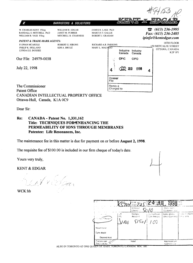 Document de brevet canadien 1331162. Taxes 19980722. Image 1 de 1