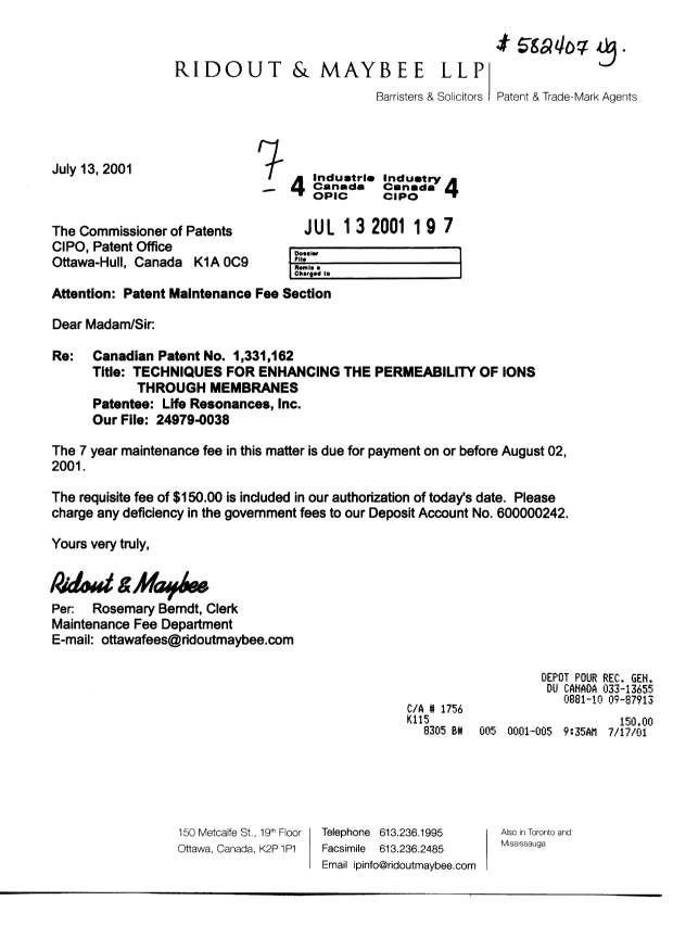 Document de brevet canadien 1331162. Taxes 20010713. Image 1 de 1