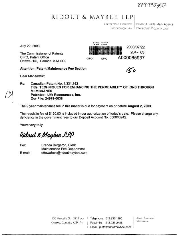 Document de brevet canadien 1331162. Taxes 20030722. Image 1 de 1