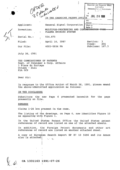Document de brevet canadien 1331163. Correspondance de la poursuite 19910726. Image 1 de 4