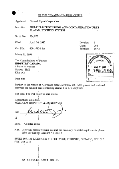 Document de brevet canadien 1331163. Correspondance de la poursuite 19940321. Image 1 de 1