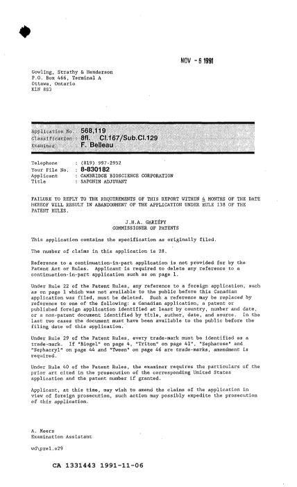 Canadian Patent Document 1331443. Examiner Requisition 19911106. Image 1 of 1