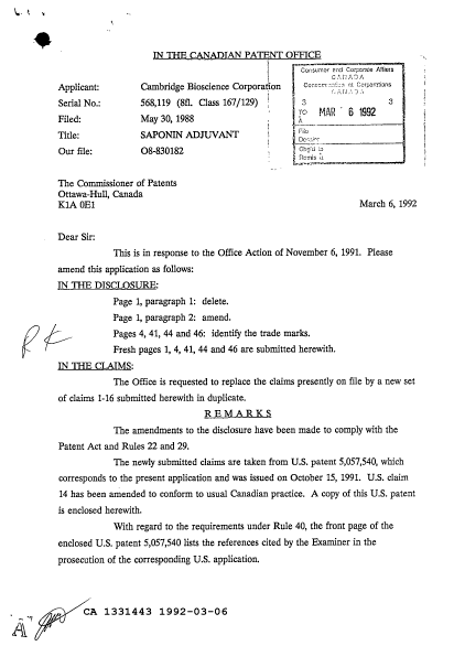 Document de brevet canadien 1331443. Correspondance de la poursuite 19920306. Image 1 de 2