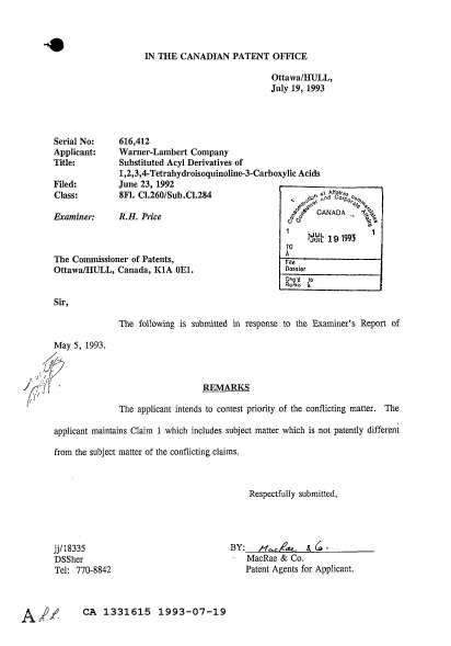 Canadian Patent Document 1331615. Prosecution Correspondence 19930719. Image 1 of 1