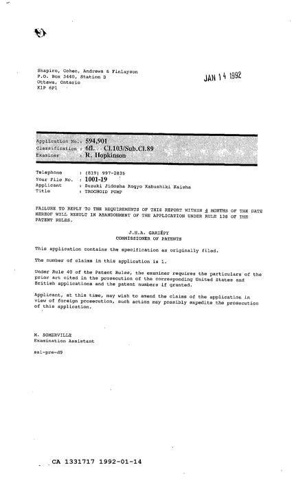 Document de brevet canadien 1331717. Correspondance de la poursuite 19920114. Image 1 de 1