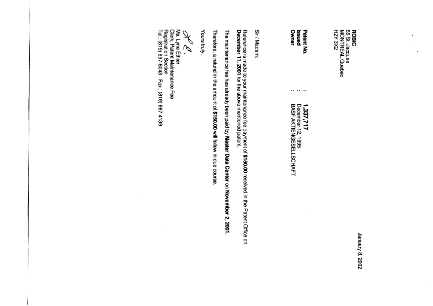 Canadian Patent Document 1331717. Correspondence 20020108. Image 1 of 2