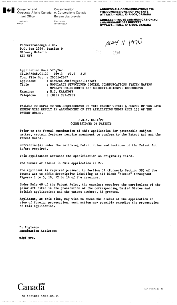 Canadian Patent Document 1331802. Examiner Requisition 19900511. Image 1 of 1