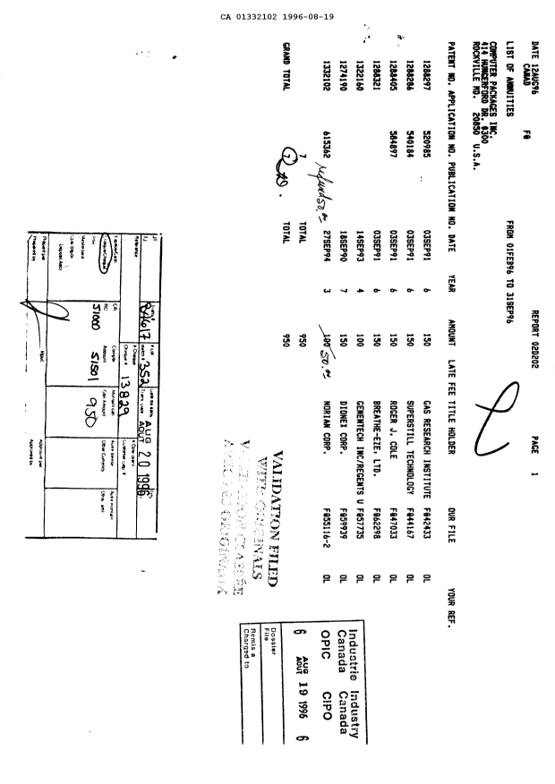 Canadian Patent Document 1332102. Fees 19960819. Image 1 of 1