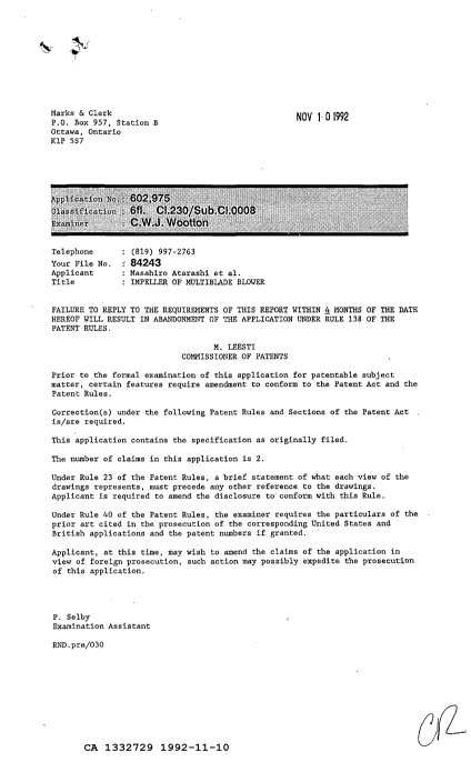 Canadian Patent Document 1332729. Examiner Requisition 19921110. Image 1 of 1