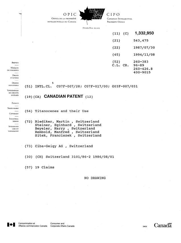 Canadian Patent Document 1332950. Cover Page 19941108. Image 1 of 1