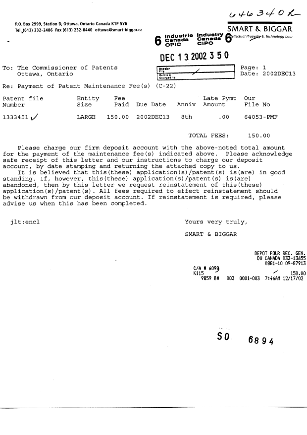 Document de brevet canadien 1333451. Taxes 20021213. Image 1 de 1