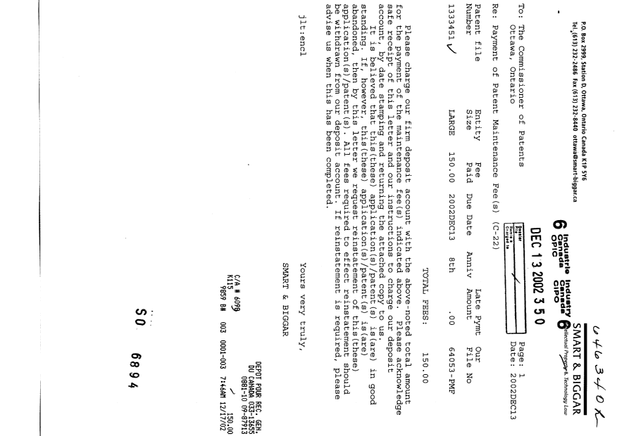 Canadian Patent Document 1333451. Fees 20021213. Image 1 of 1