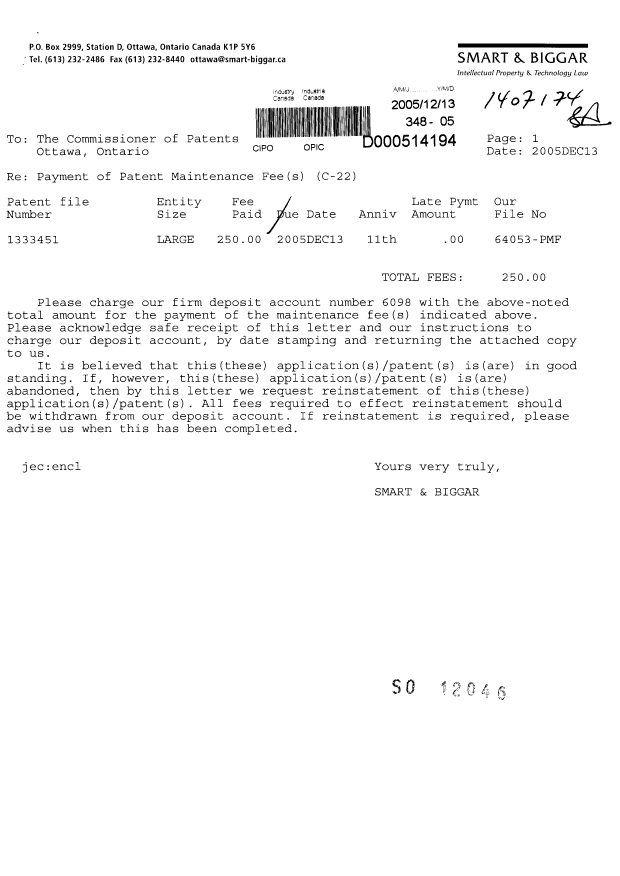 Canadian Patent Document 1333451. Fees 20051213. Image 1 of 1