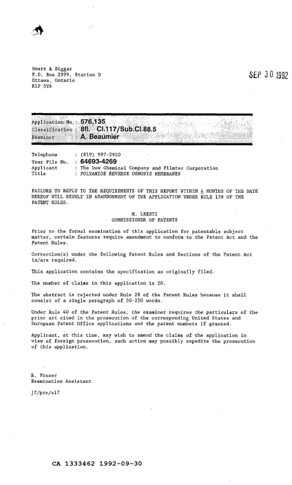 Canadian Patent Document 1333462. Examiner Requisition 19920930. Image 1 of 1