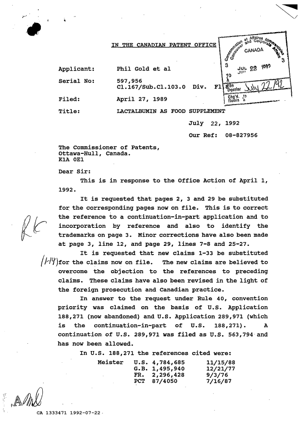 Canadian Patent Document 1333471. Prosecution-Amendment 19911222. Image 1 of 5