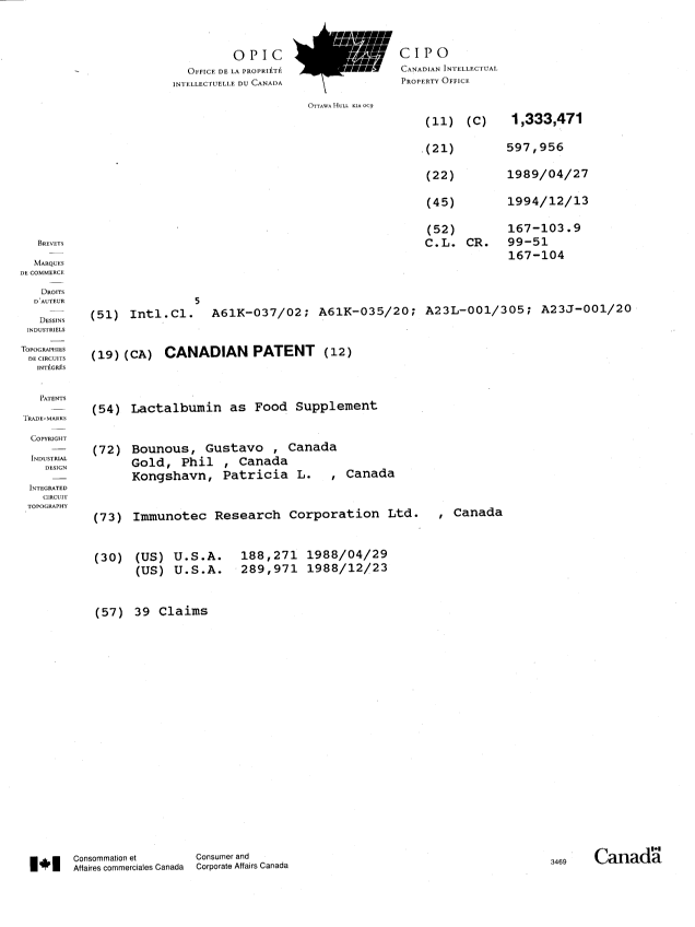 Canadian Patent Document 1333471. Cover Page 19931213. Image 1 of 1