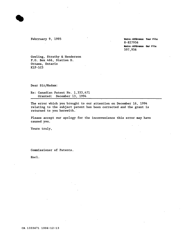 Canadian Patent Document 1333471. Correspondence 19931213. Image 1 of 1