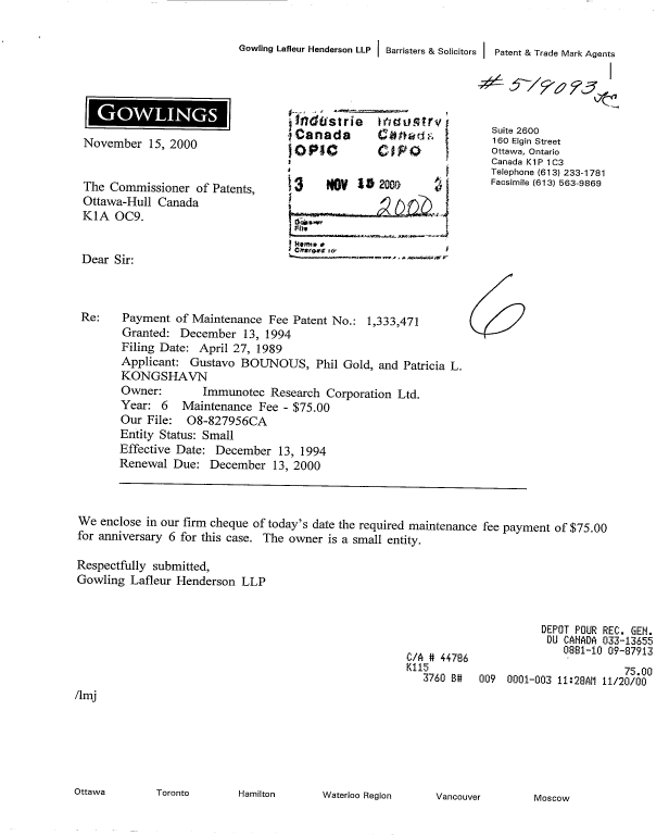 Document de brevet canadien 1333471. Taxes 19991215. Image 1 de 1