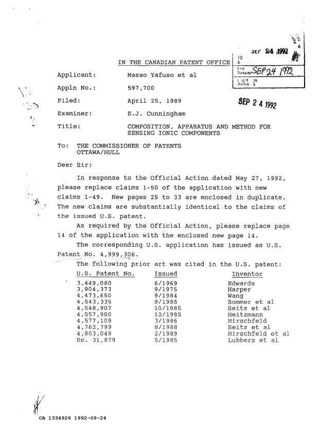 Canadian Patent Document 1334926. Prosecution Correspondence 19920924. Image 1 of 2