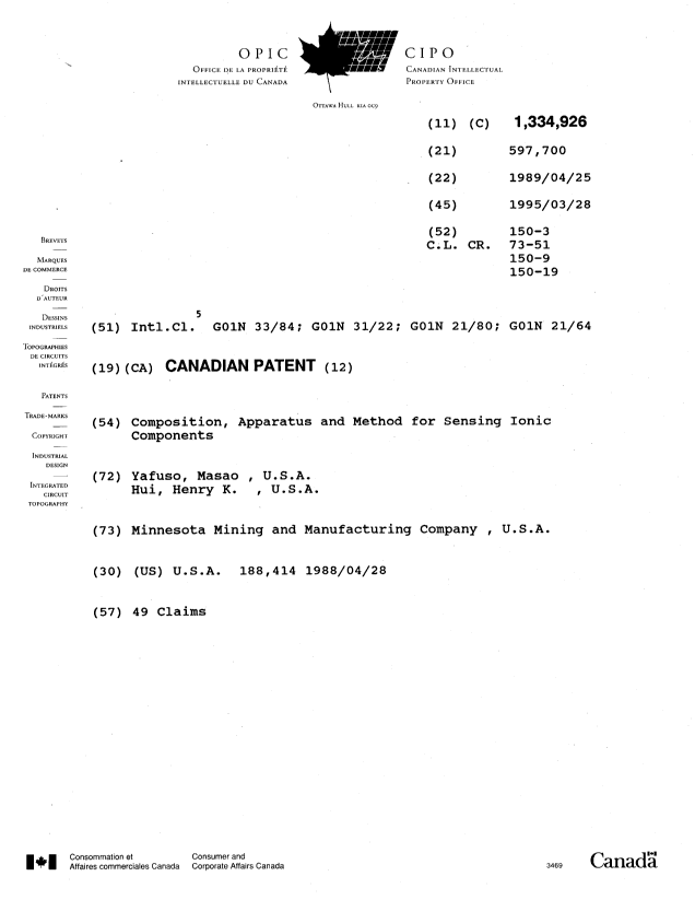 Document de brevet canadien 1334926. Page couverture 19950328. Image 1 de 1